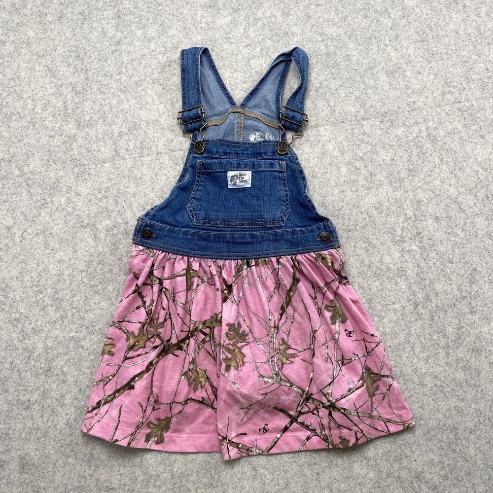 Bass Pro Shops Overall Dress Girls Size 4T Pink Camo Denim Jumper Adjustable